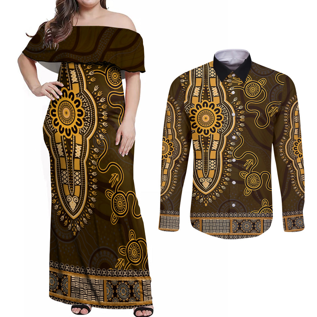 Gold African Dashiki With Australia Aboriginal Art Couples Matching Off Shoulder Maxi Dress and Long Sleeve Button Shirt