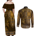 Gold African Dashiki With Australia Aboriginal Art Couples Matching Off Shoulder Maxi Dress and Long Sleeve Button Shirt