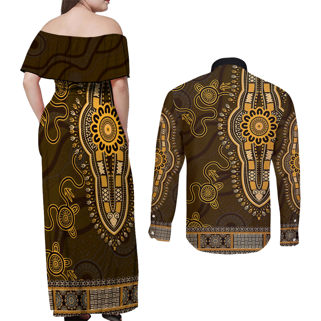 Gold African Dashiki With Australia Aboriginal Art Couples Matching Off Shoulder Maxi Dress and Long Sleeve Button Shirt