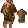 Gold African Dashiki With Australia Aboriginal Art Couples Matching Off Shoulder Short Dress and Hawaiian Shirt