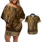 Gold African Dashiki With Australia Aboriginal Art Couples Matching Off Shoulder Short Dress and Hawaiian Shirt