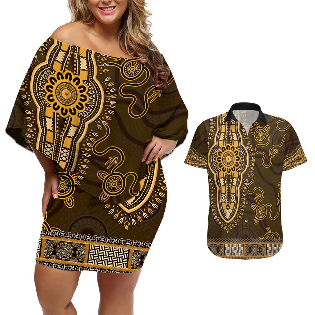 Gold African Dashiki With Australia Aboriginal Art Couples Matching Off Shoulder Short Dress and Hawaiian Shirt