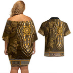 Gold African Dashiki With Australia Aboriginal Art Couples Matching Off Shoulder Short Dress and Hawaiian Shirt