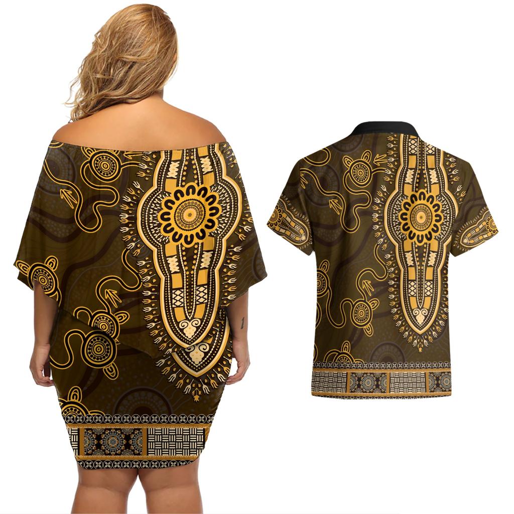 Gold African Dashiki With Australia Aboriginal Art Couples Matching Off Shoulder Short Dress and Hawaiian Shirt
