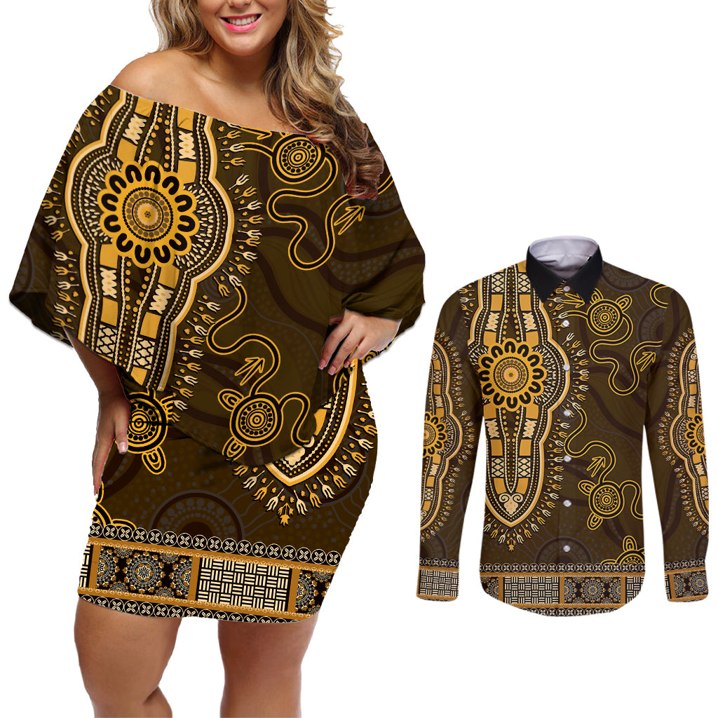 Gold African Dashiki With Australia Aboriginal Art Couples Matching Off Shoulder Short Dress and Long Sleeve Button Shirt