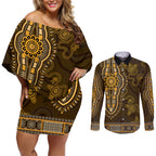 Gold African Dashiki With Australia Aboriginal Art Couples Matching Off Shoulder Short Dress and Long Sleeve Button Shirt