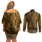 Gold African Dashiki With Australia Aboriginal Art Couples Matching Off Shoulder Short Dress and Long Sleeve Button Shirt