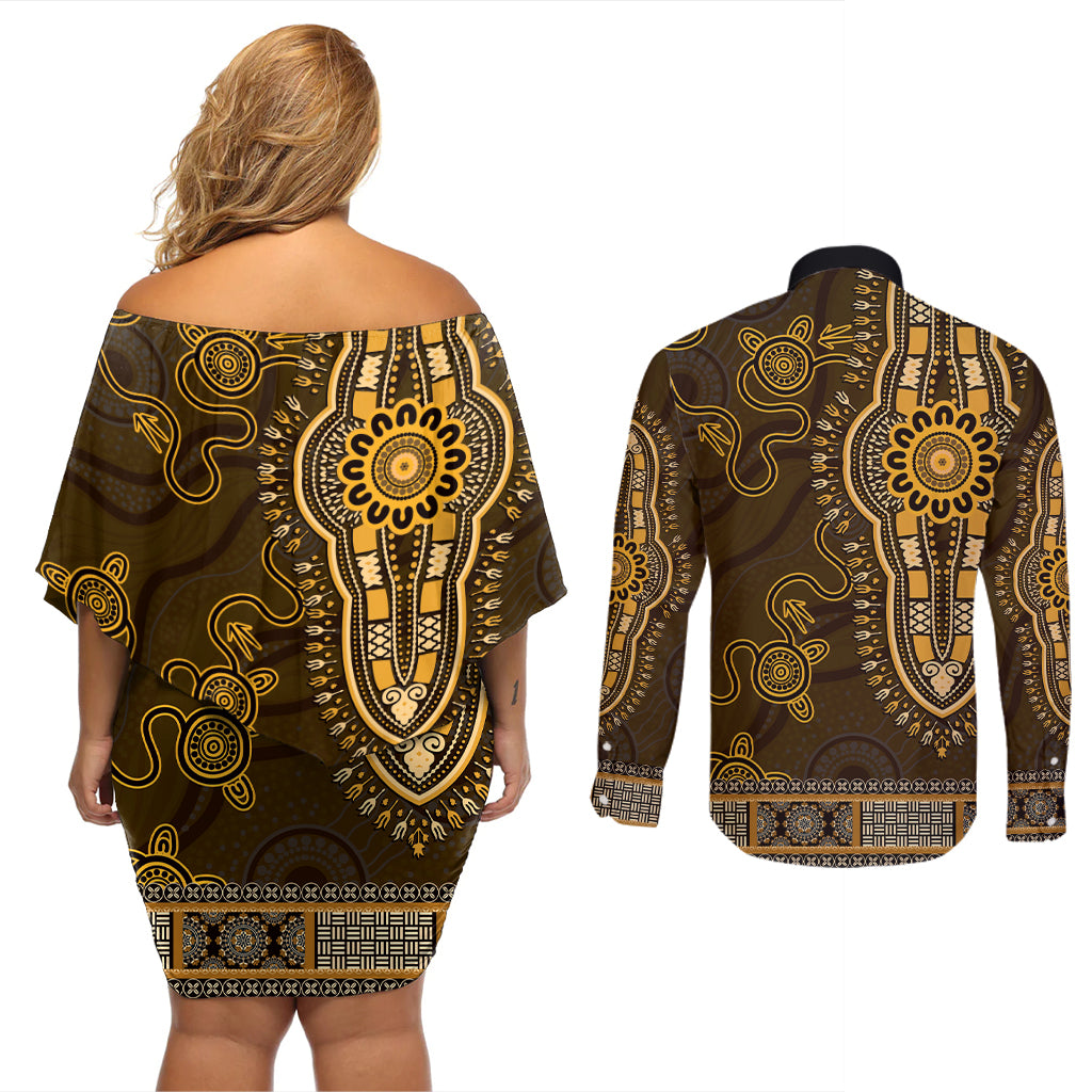 Gold African Dashiki With Australia Aboriginal Art Couples Matching Off Shoulder Short Dress and Long Sleeve Button Shirt