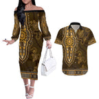 Gold African Dashiki With Australia Aboriginal Art Couples Matching Off The Shoulder Long Sleeve Dress and Hawaiian Shirt