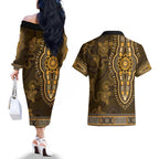 Gold African Dashiki With Australia Aboriginal Art Couples Matching Off The Shoulder Long Sleeve Dress and Hawaiian Shirt