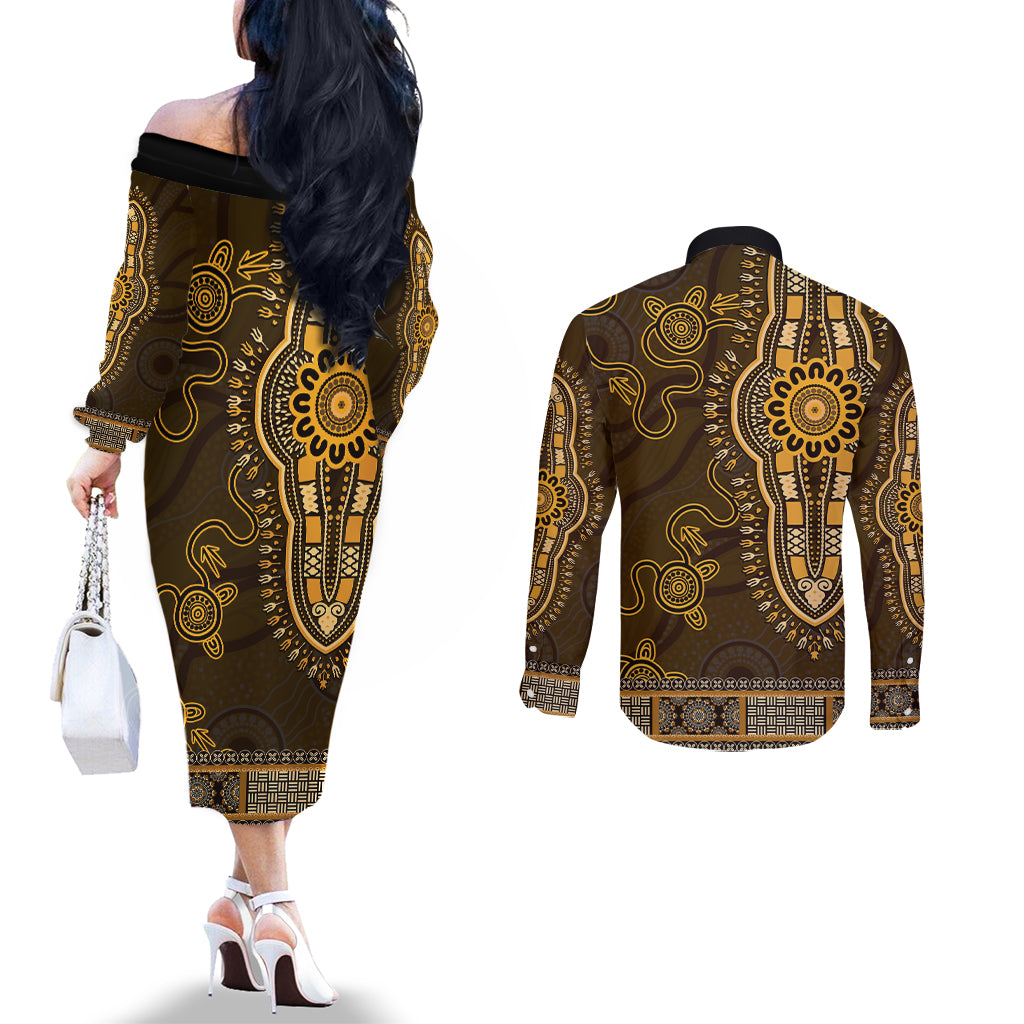 Gold African Dashiki With Australia Aboriginal Art Couples Matching Off The Shoulder Long Sleeve Dress and Long Sleeve Button Shirt