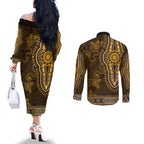 Gold African Dashiki With Australia Aboriginal Art Couples Matching Off The Shoulder Long Sleeve Dress and Long Sleeve Button Shirt
