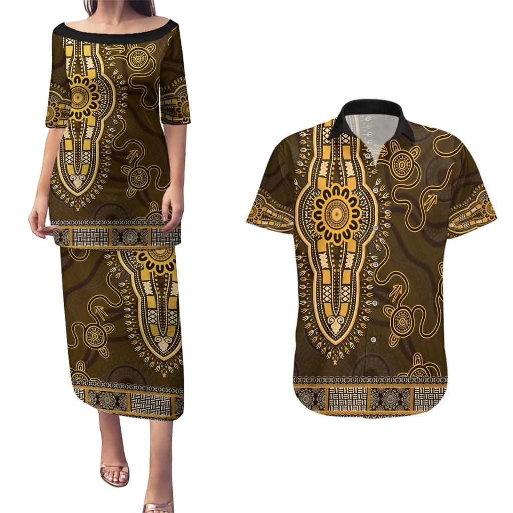 Gold African Dashiki With Australia Aboriginal Art Couples Matching Puletasi and Hawaiian Shirt