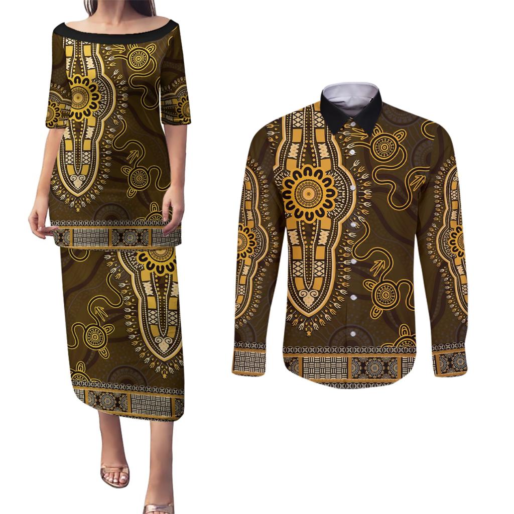 Gold African Dashiki With Australia Aboriginal Art Couples Matching Puletasi and Long Sleeve Button Shirt