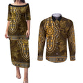 Gold African Dashiki With Australia Aboriginal Art Couples Matching Puletasi and Long Sleeve Button Shirt