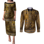 Gold African Dashiki With Australia Aboriginal Art Couples Matching Puletasi and Long Sleeve Button Shirt