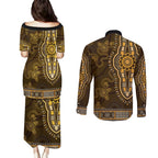Gold African Dashiki With Australia Aboriginal Art Couples Matching Puletasi and Long Sleeve Button Shirt