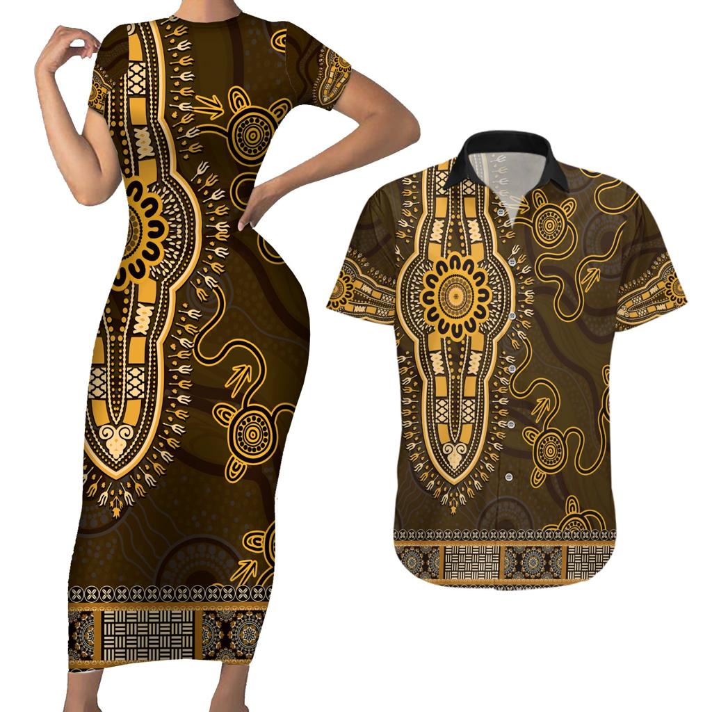Gold African Dashiki With Australia Aboriginal Art Couples Matching Short Sleeve Bodycon Dress and Hawaiian Shirt