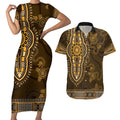 Gold African Dashiki With Australia Aboriginal Art Couples Matching Short Sleeve Bodycon Dress and Hawaiian Shirt