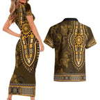 Gold African Dashiki With Australia Aboriginal Art Couples Matching Short Sleeve Bodycon Dress and Hawaiian Shirt