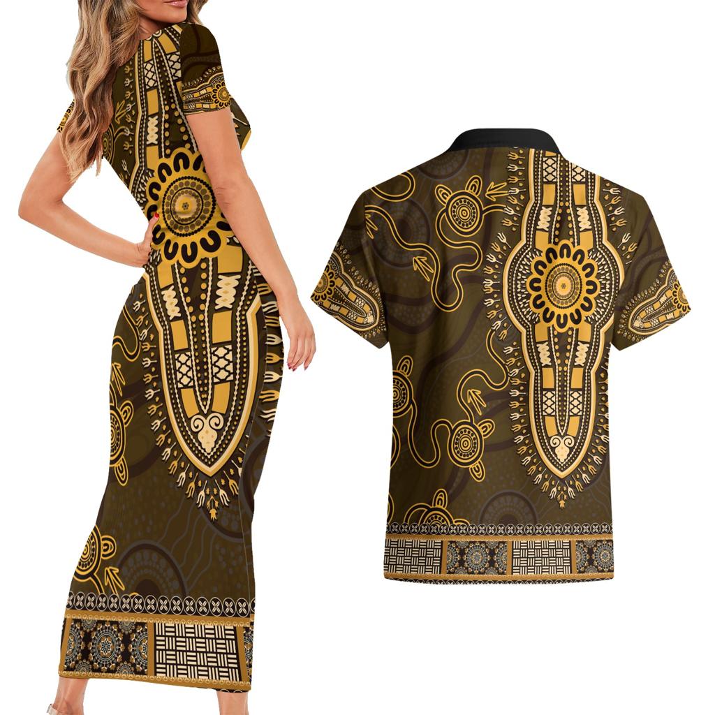 Gold African Dashiki With Australia Aboriginal Art Couples Matching Short Sleeve Bodycon Dress and Hawaiian Shirt
