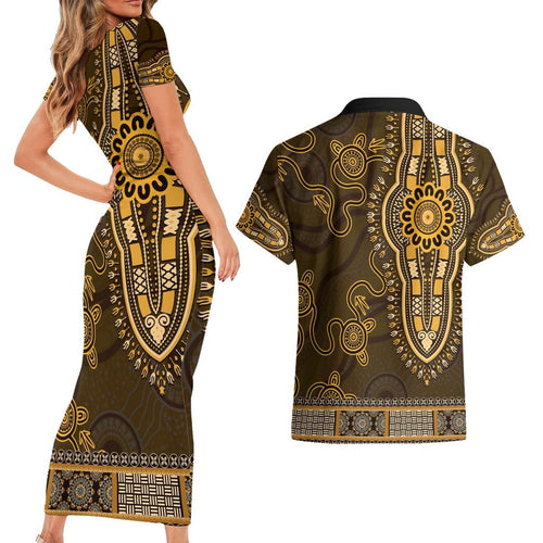 Gold African Dashiki With Australia Aboriginal Art Couples Matching Short Sleeve Bodycon Dress and Hawaiian Shirt