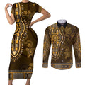 Gold African Dashiki With Australia Aboriginal Art Couples Matching Short Sleeve Bodycon Dress and Long Sleeve Button Shirt