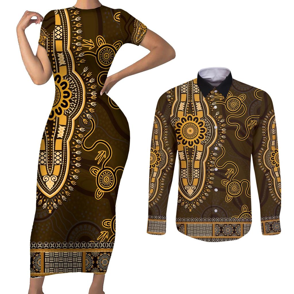 Gold African Dashiki With Australia Aboriginal Art Couples Matching Short Sleeve Bodycon Dress and Long Sleeve Button Shirt