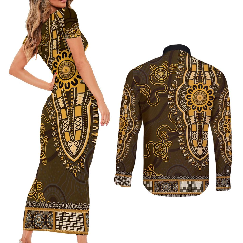 Gold African Dashiki With Australia Aboriginal Art Couples Matching Short Sleeve Bodycon Dress and Long Sleeve Button Shirt