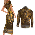 Gold African Dashiki With Australia Aboriginal Art Couples Matching Short Sleeve Bodycon Dress and Long Sleeve Button Shirt