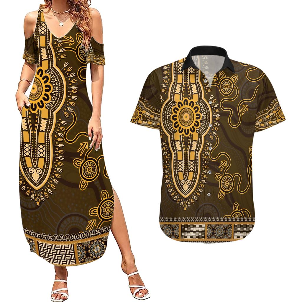 Gold African Dashiki With Australia Aboriginal Art Couples Matching Summer Maxi Dress and Hawaiian Shirt