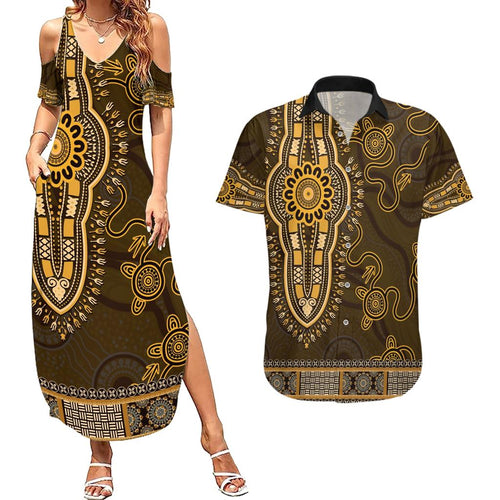 Gold African Dashiki With Australia Aboriginal Art Couples Matching Summer Maxi Dress and Hawaiian Shirt