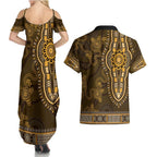 Gold African Dashiki With Australia Aboriginal Art Couples Matching Summer Maxi Dress and Hawaiian Shirt