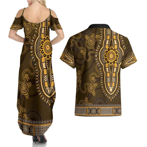 Gold African Dashiki With Australia Aboriginal Art Couples Matching Summer Maxi Dress and Hawaiian Shirt