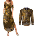 Gold African Dashiki With Australia Aboriginal Art Couples Matching Summer Maxi Dress and Long Sleeve Button Shirt