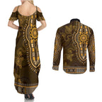 Gold African Dashiki With Australia Aboriginal Art Couples Matching Summer Maxi Dress and Long Sleeve Button Shirt