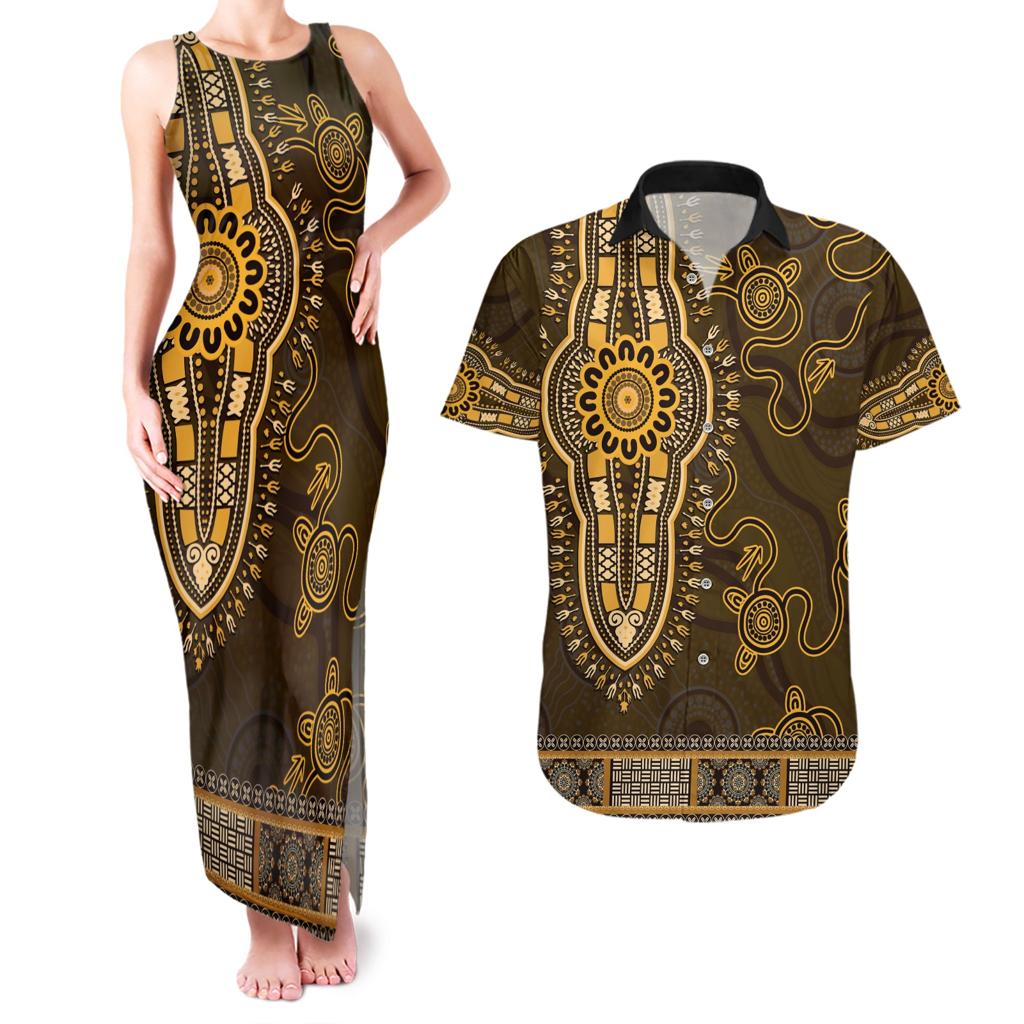 Gold African Dashiki With Australia Aboriginal Art Couples Matching Tank Maxi Dress and Hawaiian Shirt