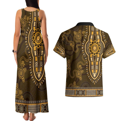 Gold African Dashiki With Australia Aboriginal Art Couples Matching Tank Maxi Dress and Hawaiian Shirt