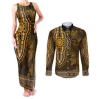 Gold African Dashiki With Australia Aboriginal Art Couples Matching Tank Maxi Dress and Long Sleeve Button Shirt
