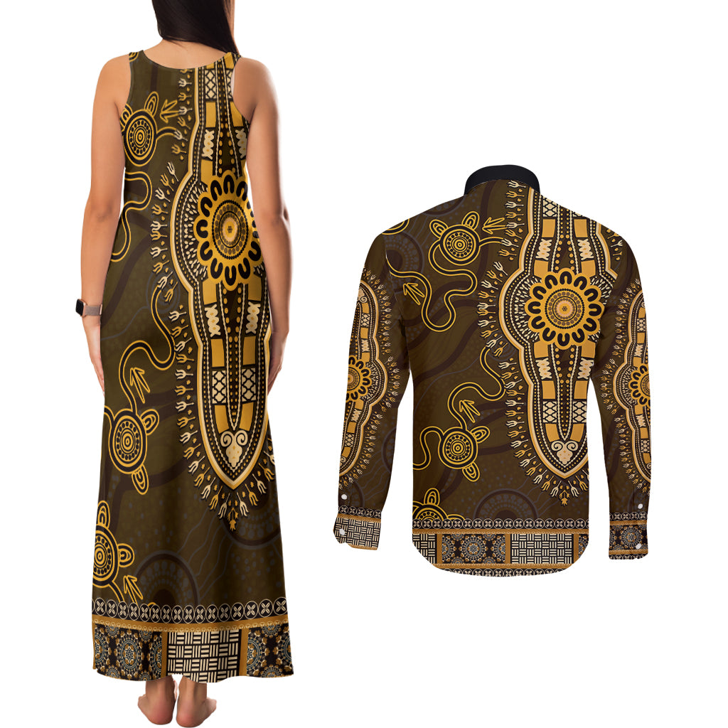 Gold African Dashiki With Australia Aboriginal Art Couples Matching Tank Maxi Dress and Long Sleeve Button Shirt
