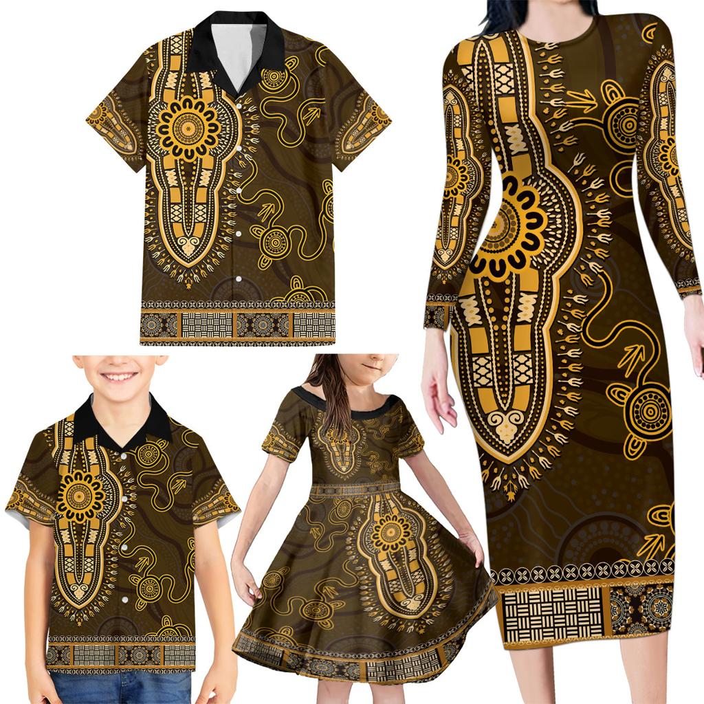 Gold African Dashiki With Australia Aboriginal Art Family Matching Long Sleeve Bodycon Dress and Hawaiian Shirt