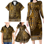 Gold African Dashiki With Australia Aboriginal Art Family Matching Long Sleeve Bodycon Dress and Hawaiian Shirt