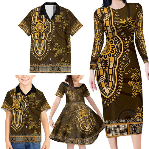 Gold African Dashiki With Australia Aboriginal Art Family Matching Long Sleeve Bodycon Dress and Hawaiian Shirt