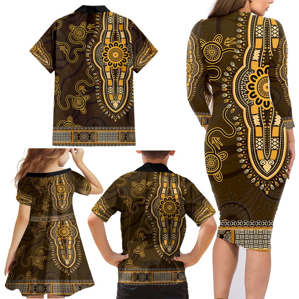 Gold African Dashiki With Australia Aboriginal Art Family Matching Long Sleeve Bodycon Dress and Hawaiian Shirt