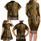 Gold African Dashiki With Australia Aboriginal Art Family Matching Long Sleeve Bodycon Dress and Hawaiian Shirt