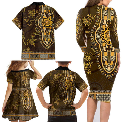 Gold African Dashiki With Australia Aboriginal Art Family Matching Long Sleeve Bodycon Dress and Hawaiian Shirt