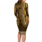Gold African Dashiki With Australia Aboriginal Art Family Matching Long Sleeve Bodycon Dress and Hawaiian Shirt