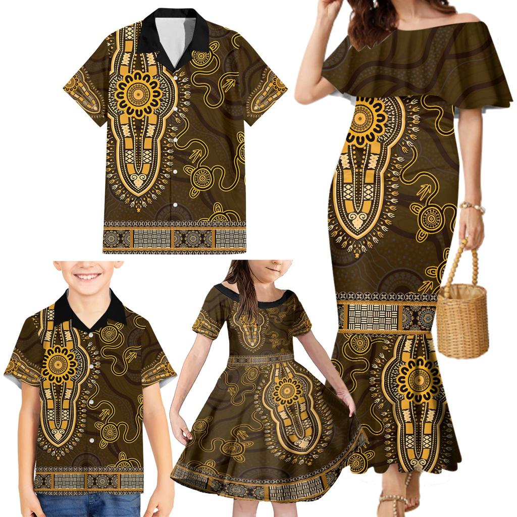 Gold African Dashiki With Australia Aboriginal Art Family Matching Mermaid Dress and Hawaiian Shirt