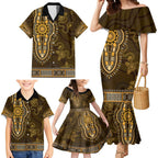 Gold African Dashiki With Australia Aboriginal Art Family Matching Mermaid Dress and Hawaiian Shirt