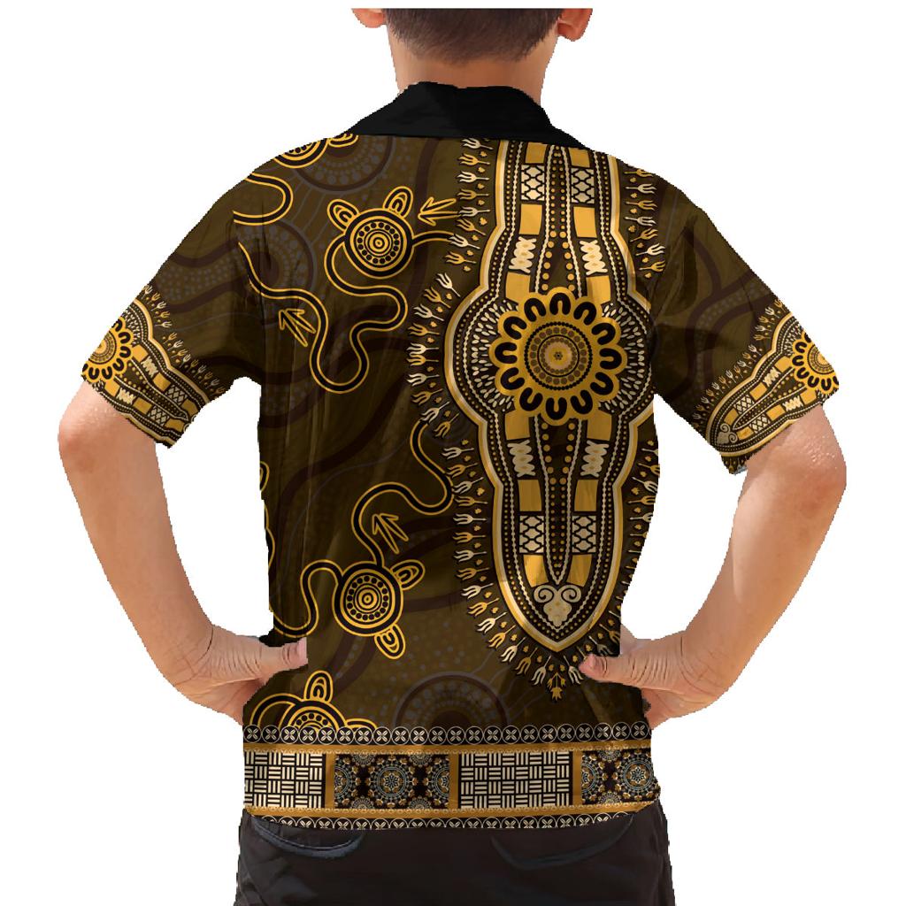 Gold African Dashiki With Australia Aboriginal Art Family Matching Mermaid Dress and Hawaiian Shirt